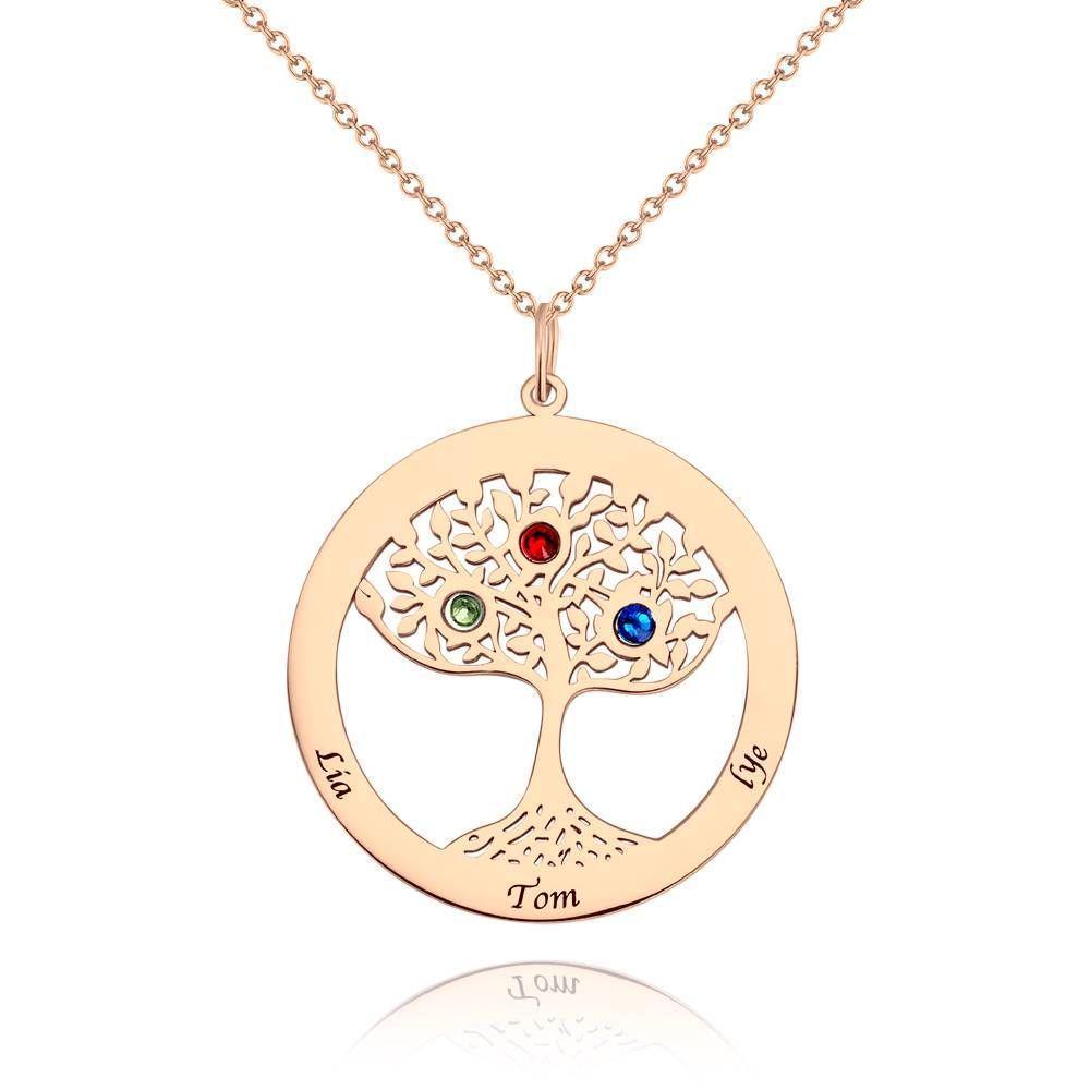 Family Tree Necklace with Birthstone, Engraved Necklace Family Gift 14K Gold Plated - Silver - soufeelus