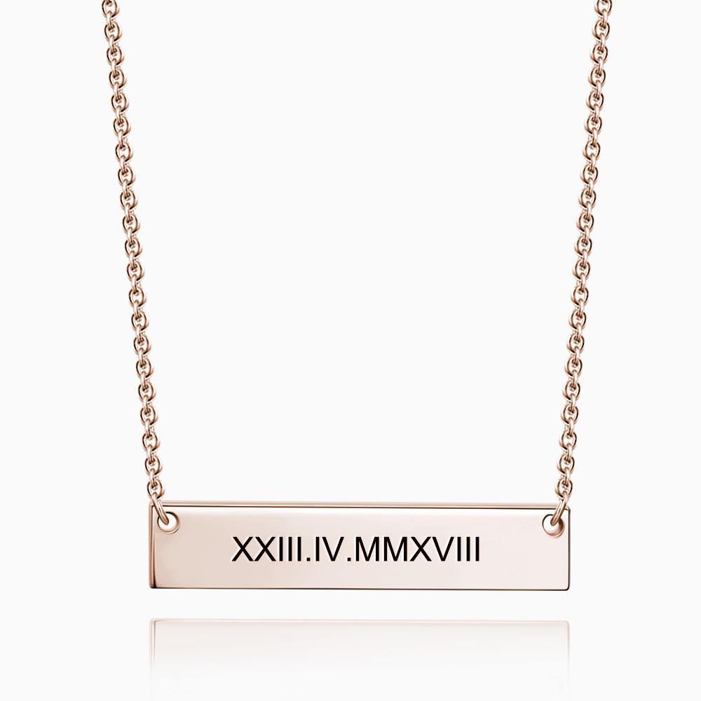 Engraved Roman Numeral Bar Necklace Rose Gold Plated Silver - soufeelus
