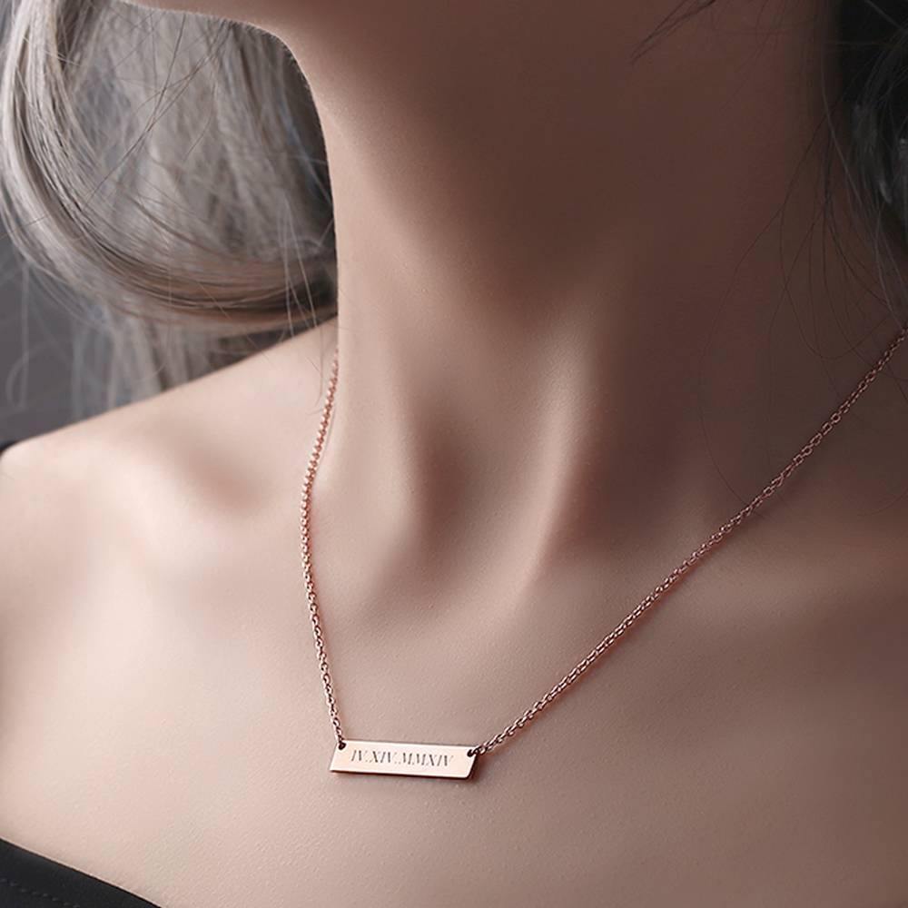 Engraved Roman Numeral Bar Necklace Rose Gold Plated Silver - soufeelus