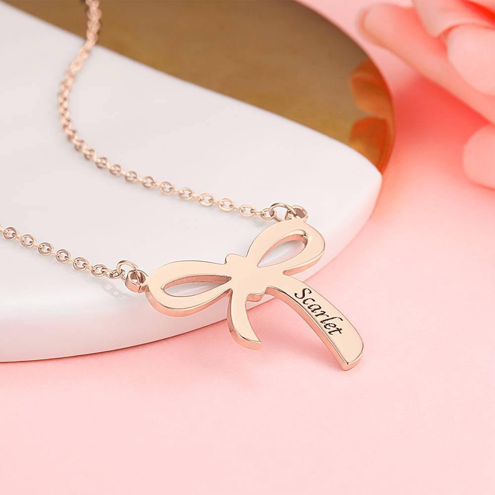 Engraved Necklace with Bow Design Rose Gold Plated - soufeelus