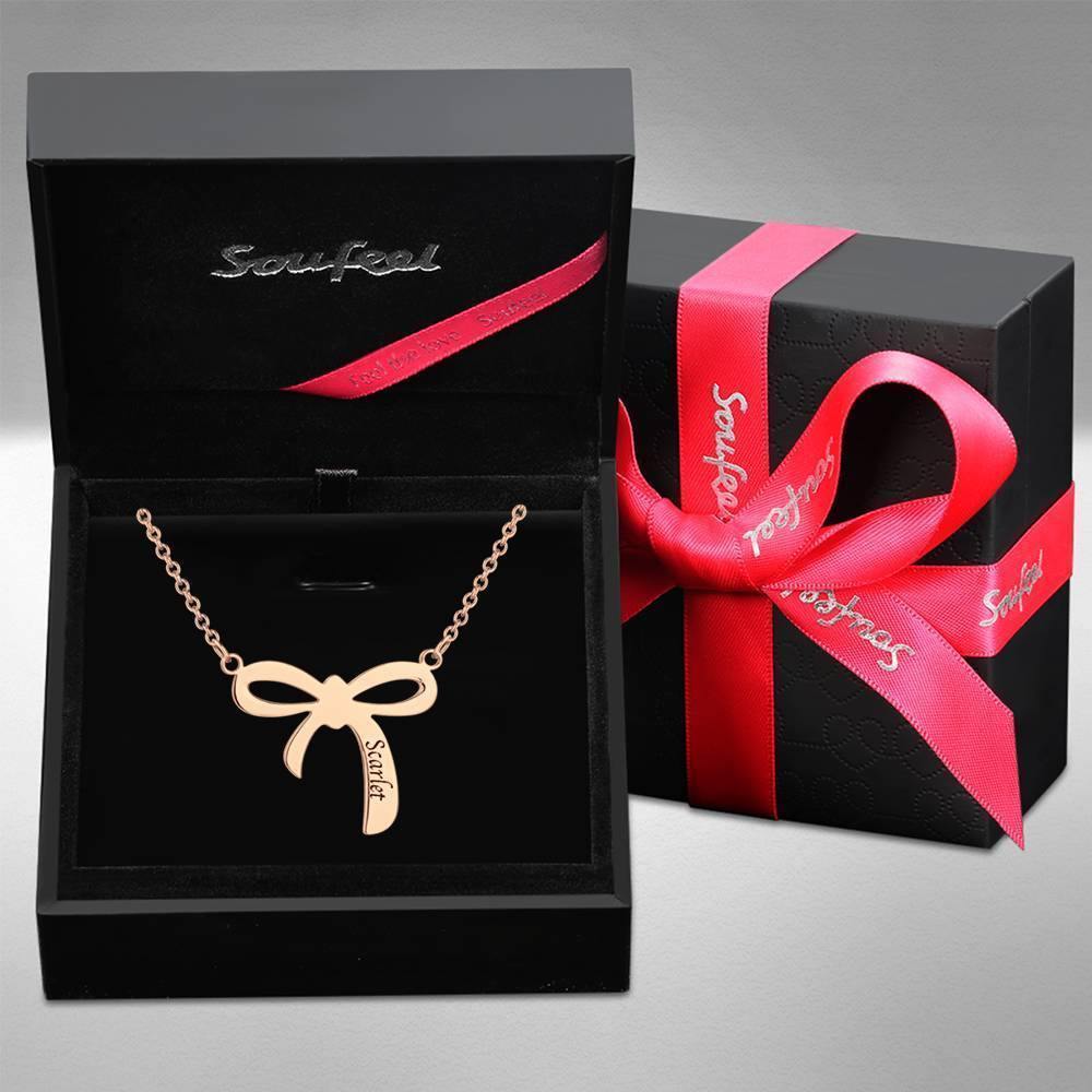 Engraved Necklace with Bow Design Rose Gold Plated - soufeelus