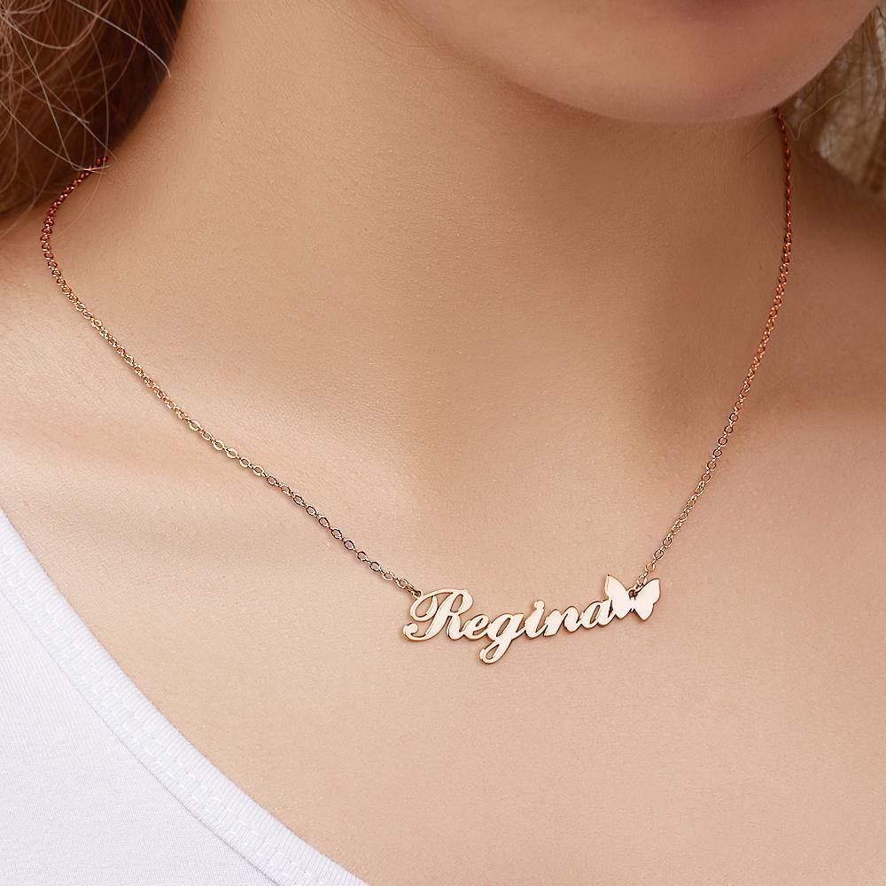 Name Necklace with Butterfly Pendant Unique Gifts Rose Gold Plated Silver - soufeelus
