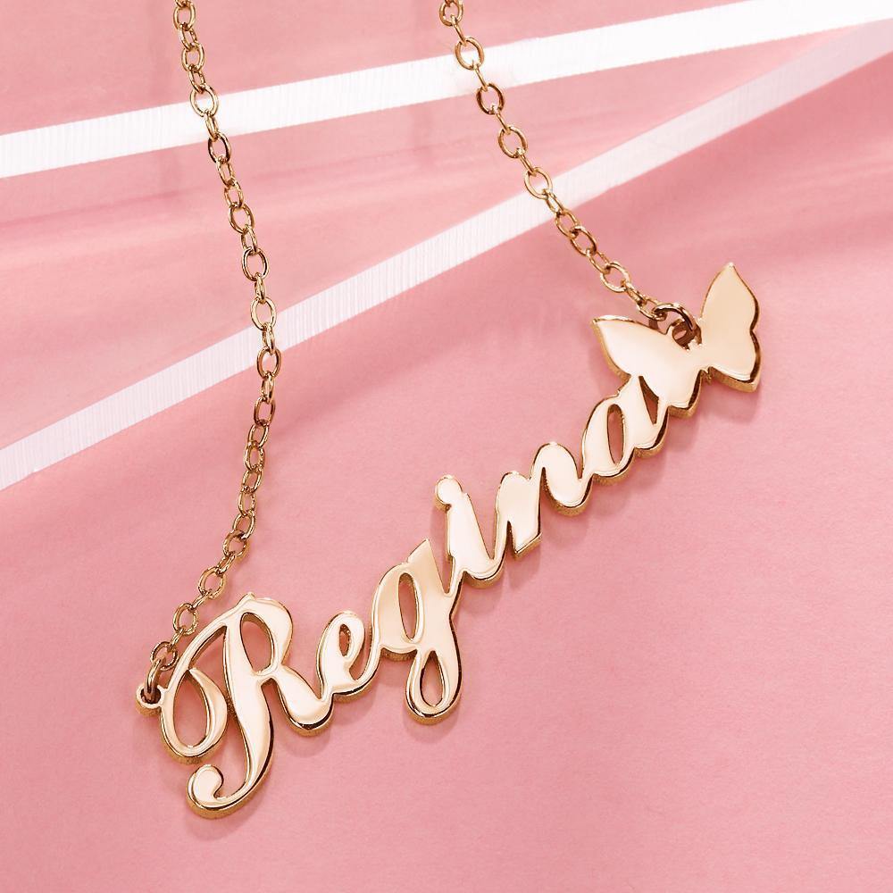 Name Necklace with Butterfly Pendant Unique Gifts Rose Gold Plated Silver - soufeelus