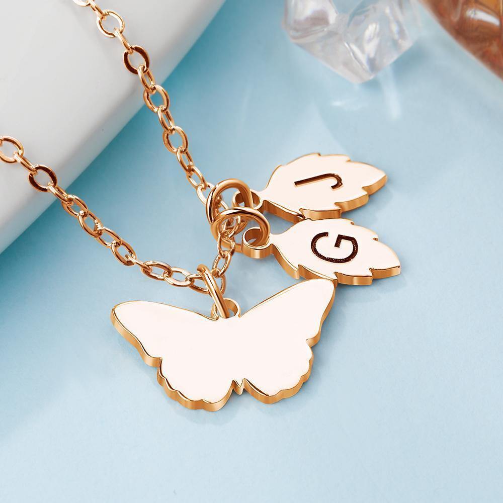 Engraved Necklace with Butterfly and Leaves Necklace Gift for Her Rose Gold Plated Silver - soufeelus