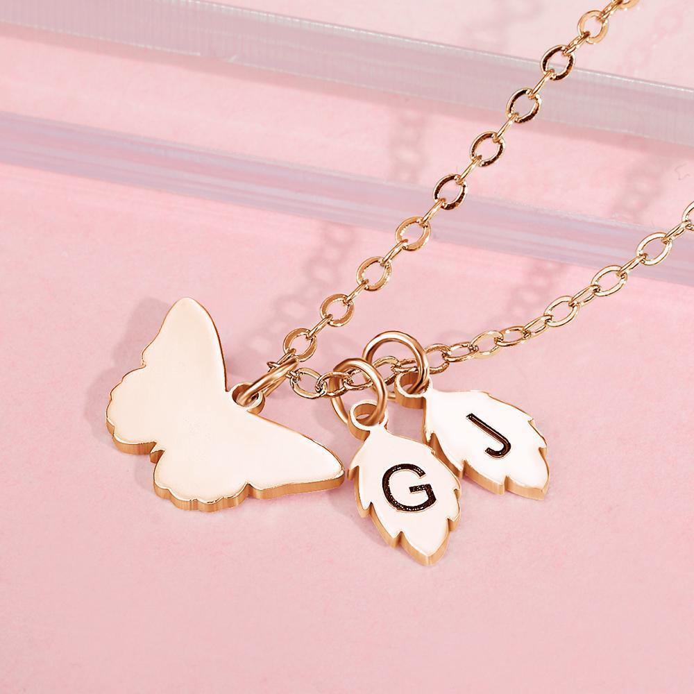 Engraved Necklace with Butterfly and Leaves Necklace Gift for Her Rose Gold Plated Silver - soufeelus