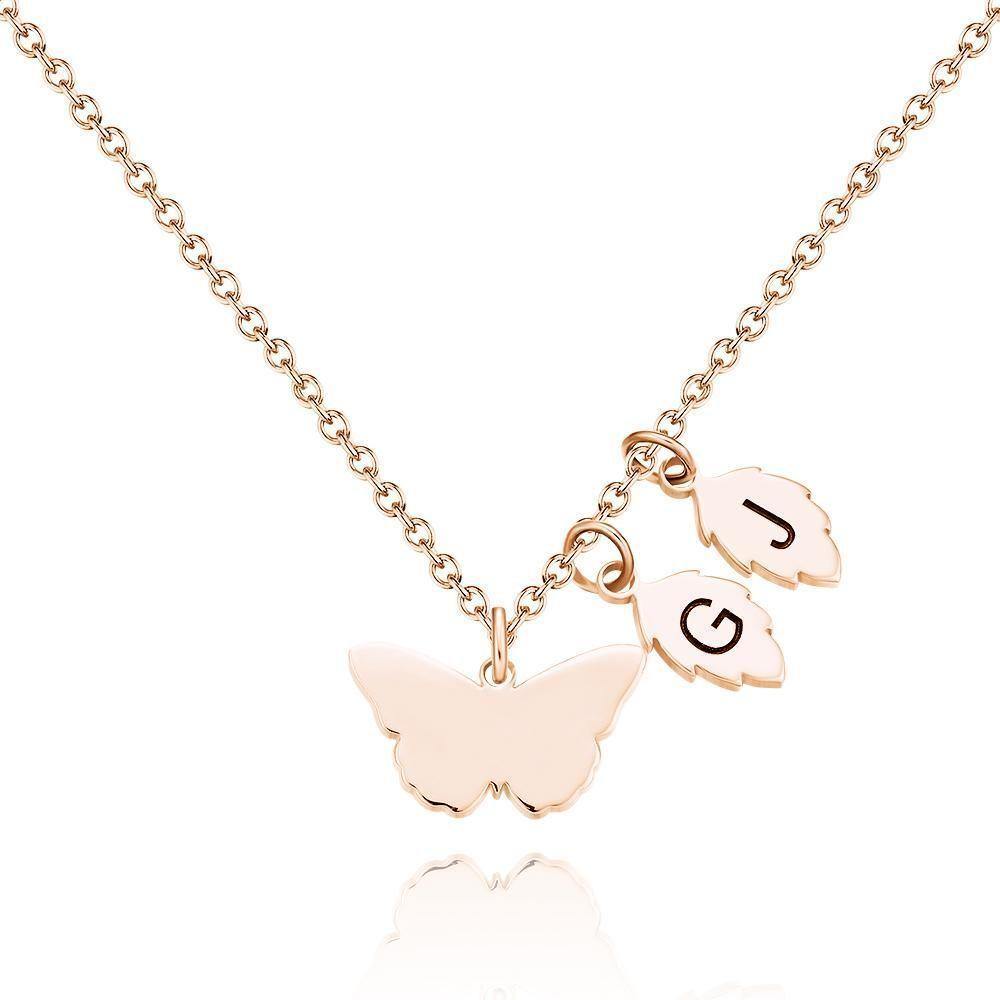 Engraved Necklace with Butterfly and Leaves Necklace Gift for Her Rose Gold Plated Silver - soufeelus