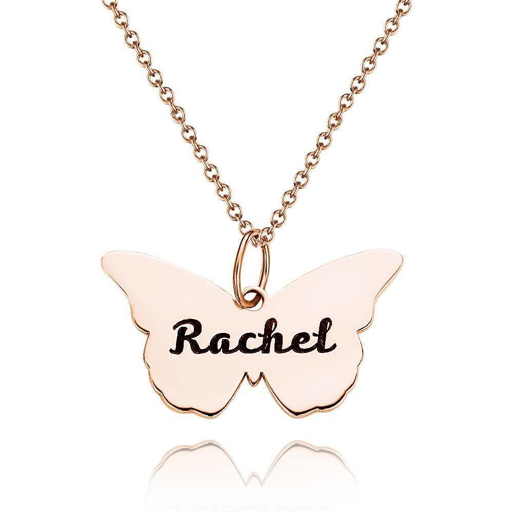 Name Necklace Butterfly Engraved Necklace Memorial Gift for Her 14k Gold Plated Silver - soufeelus