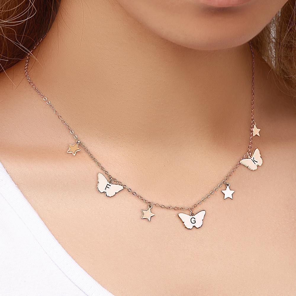 Butterfly Initial Necklace Individual Engraved Necklace Friendship Necklace,Bridesmaid Gift Rose Gold Plated Silver - soufeelus