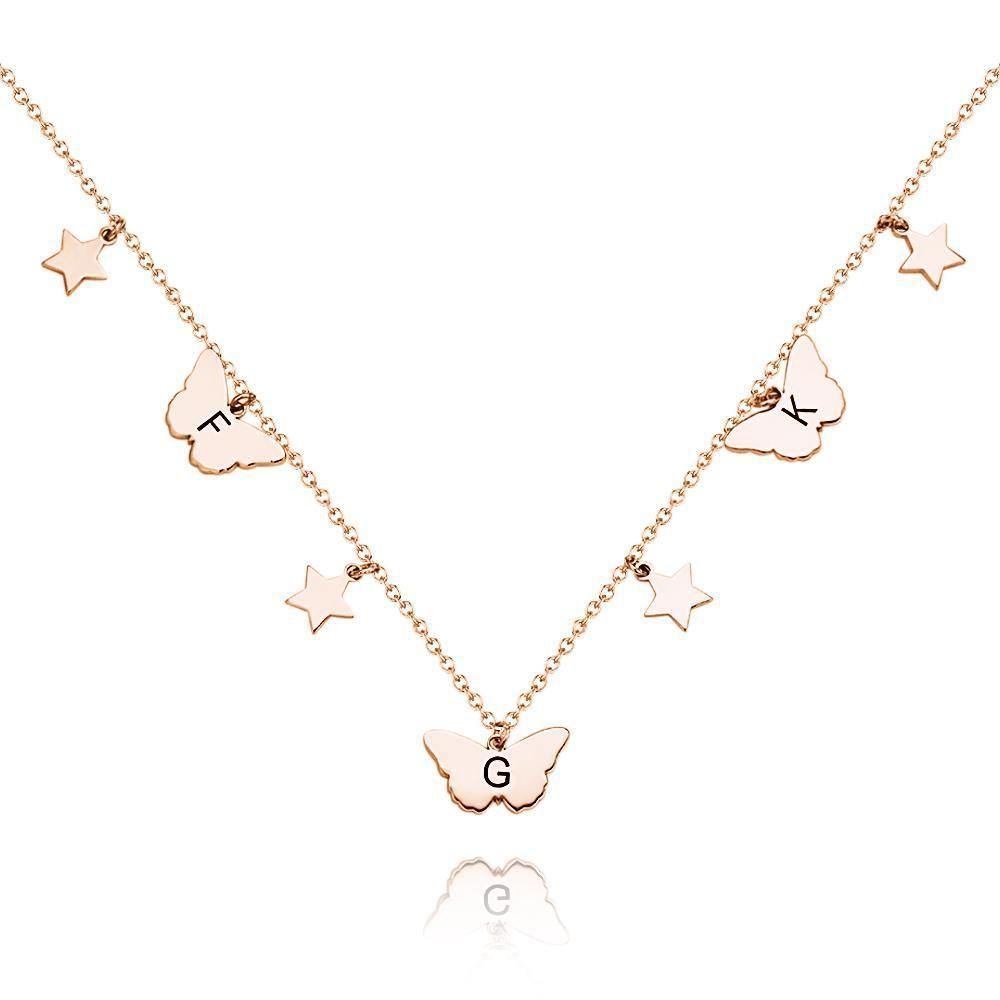 Butterfly Initial Necklace Individual Engraved Necklace Friendship Necklace,Bridesmaid Gift Rose Gold Plated - soufeelus