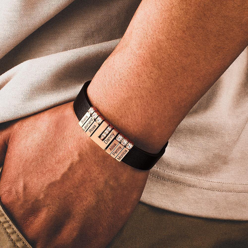 Men's Personalized Leather Bracelet With Adjustable Diamond Beads, Perfect Gift For Father's Day Rose Gold Plated Stainless Steel - soufeelus
