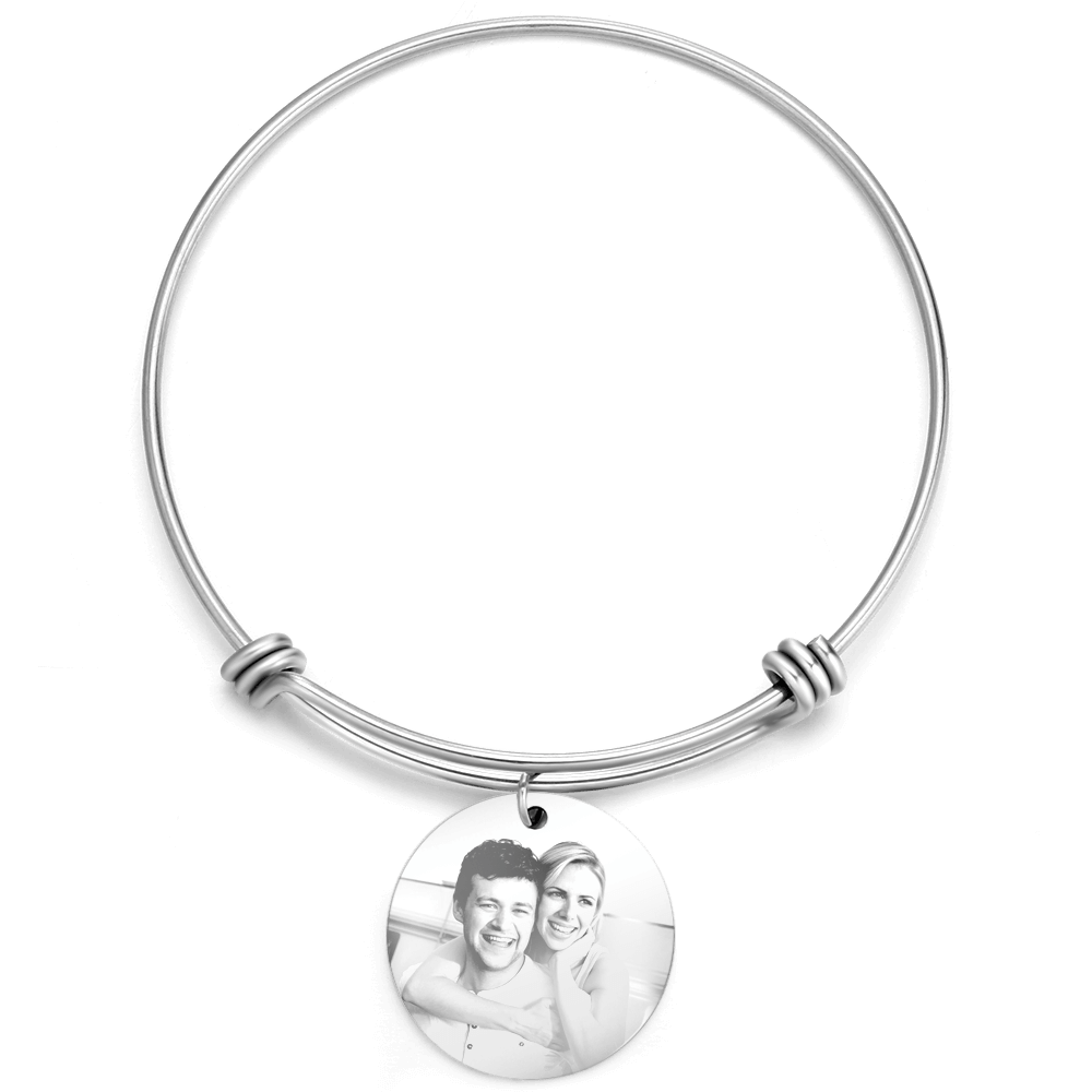 Women's Round Photo Engraved Charm Bangle Stainless Steel - soufeelus