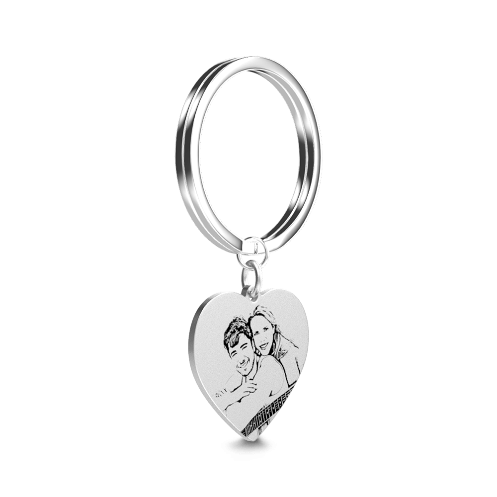 Heart Photo Engraved Tag Key Chain Stainless Steel for Couple