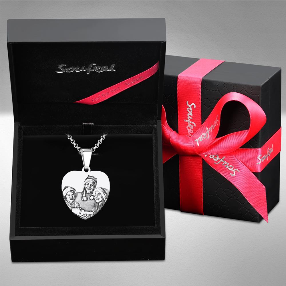 Heart Photo Engraved Tag Necklace With Engraving Stainless Steel Gifts for Christmas - soufeelus