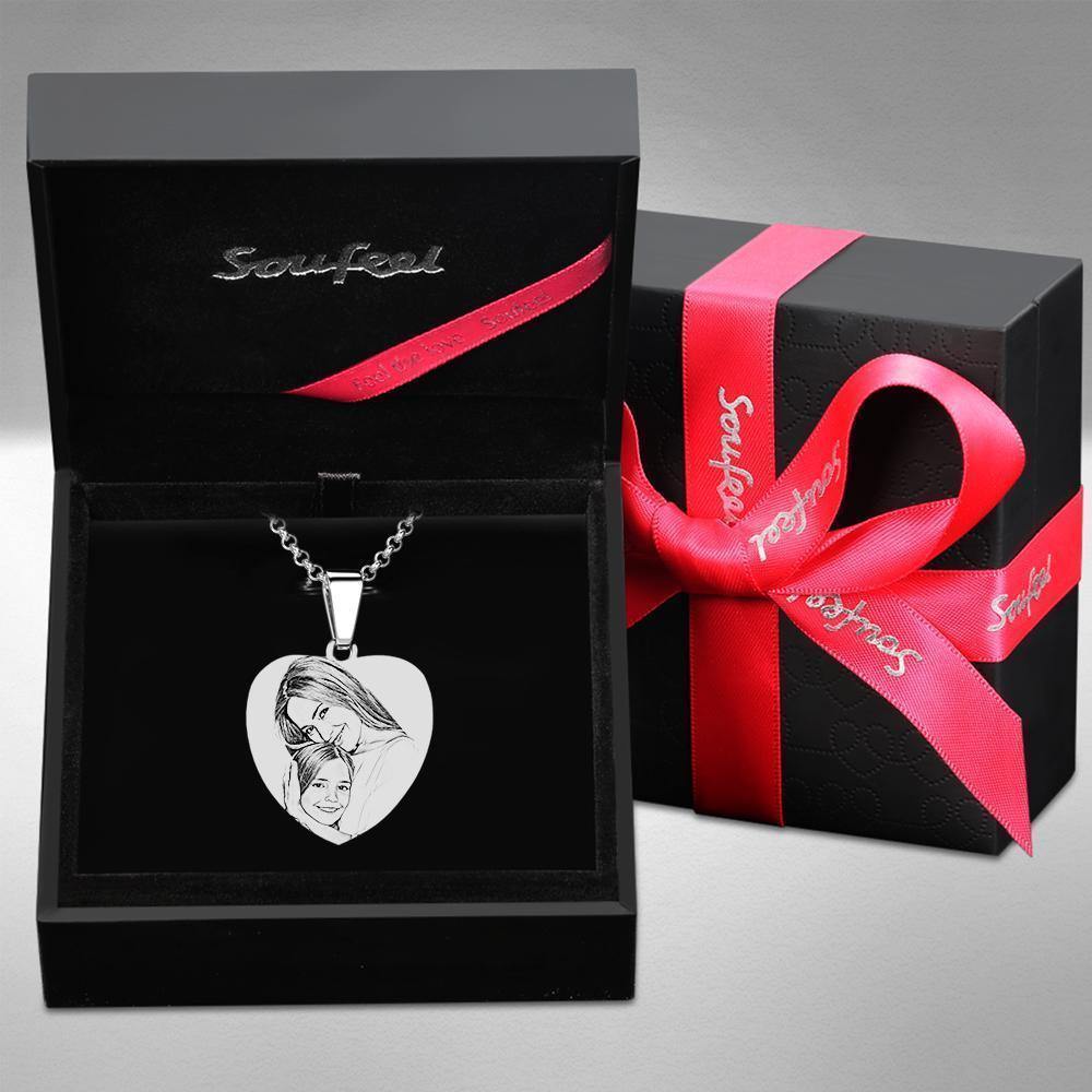 Heart Photo Engraved Tag Necklace with Engraving Stainless Steel for Mom - soufeelus