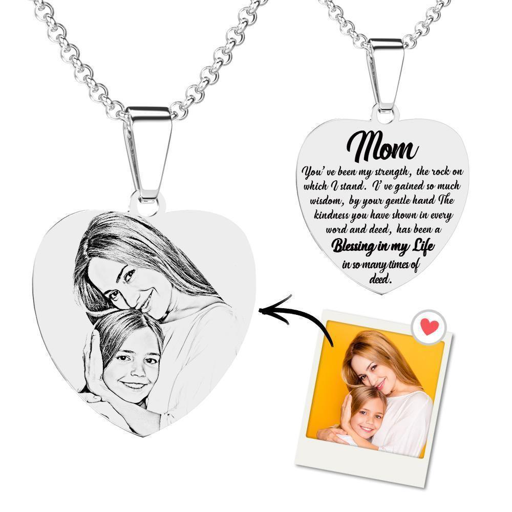 Heart Photo Engraved Tag Necklace with Engraving Stainless Steel for Mom - soufeelus