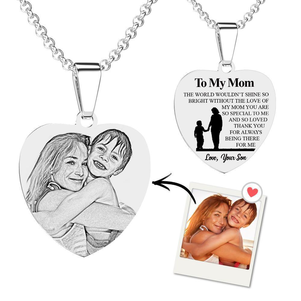 Heart Photo Engraved Tag Necklace with Engraving Stainless Steel Gifts for Mother's Day - soufeelus