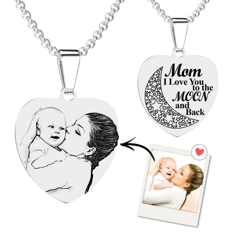 Photo Engraved Tag Necklace with Engraving Stainless Steel with Wings Gifts for Mom Love You to the Moon - soufeelus