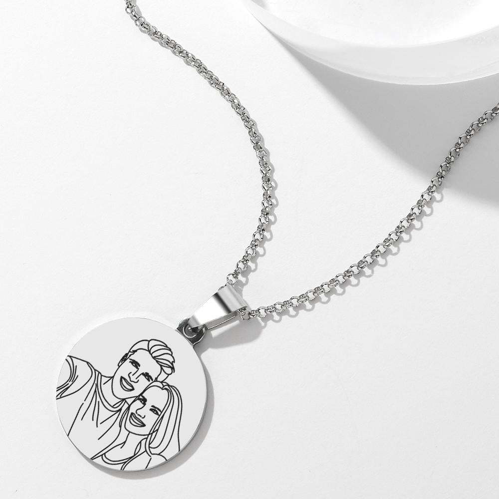 Custom Line Art Photo Engraved Necklace Stainless Steel Round Gift for Her - soufeelus