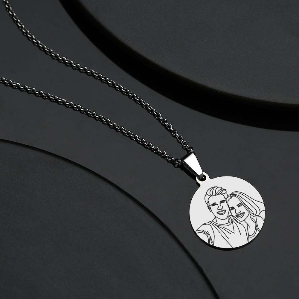 Custom Line Art Photo Engraved Necklace Stainless Steel Round Gift for Her - soufeelus