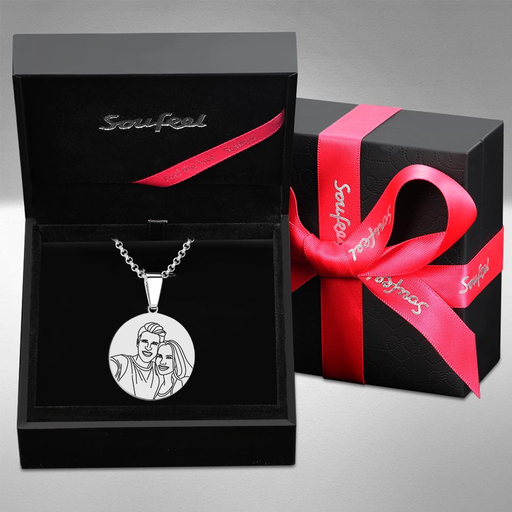 Custom Line Art Photo Engraved Necklace Stainless Steel Round Gift for Her - soufeelus