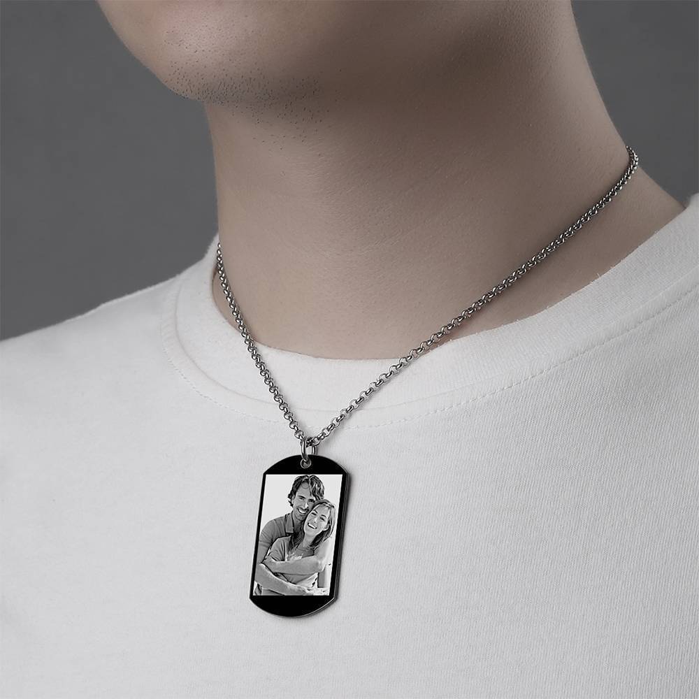 Men S Photo Engraved Tag Necklace With Engraving Black