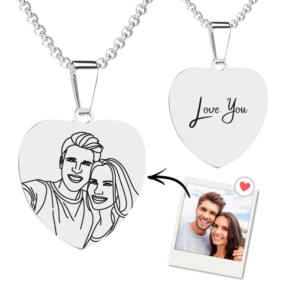 Custom Line Art Photo Engraved Necklace Stainless Steel Round Gift for Her - soufeelus