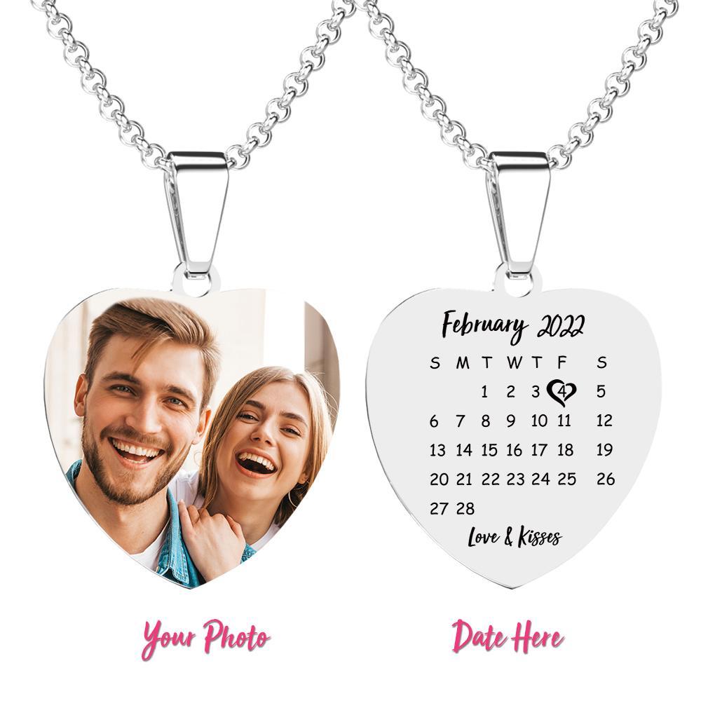 Heart Photo Calendar Engraved Tag Necklace With Engraving Stainless Steel Gifts for Her - soufeelus