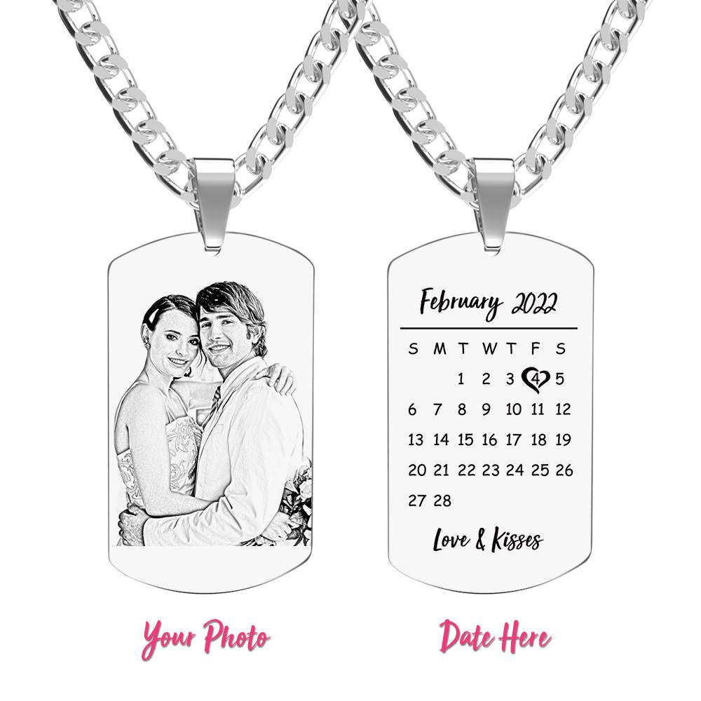 Engraved Heart Calendar Tag Photo Necklace Stainless Steel Gifts for Your Lover - soufeelus