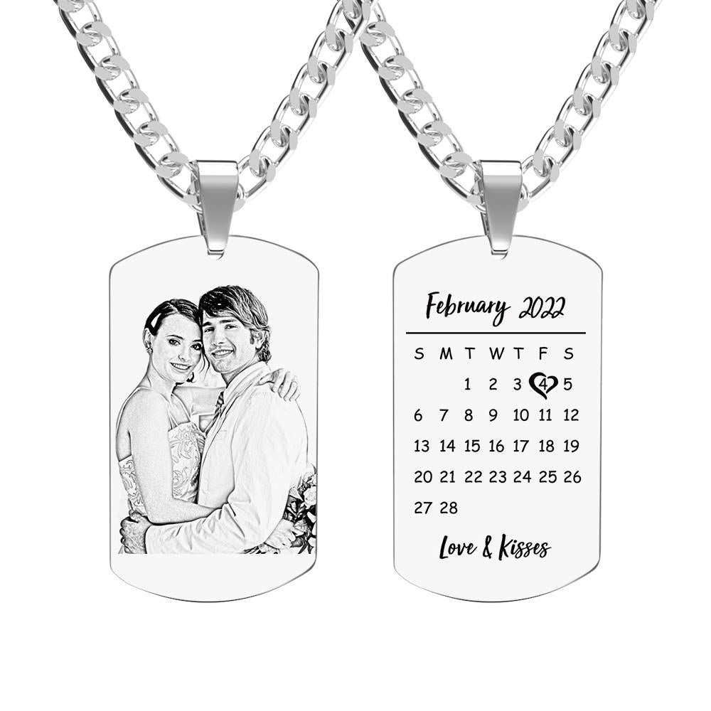 Personalized Stainless Steel Special Date & Photo Pendant Dog Tag Men's Calendar Necklace