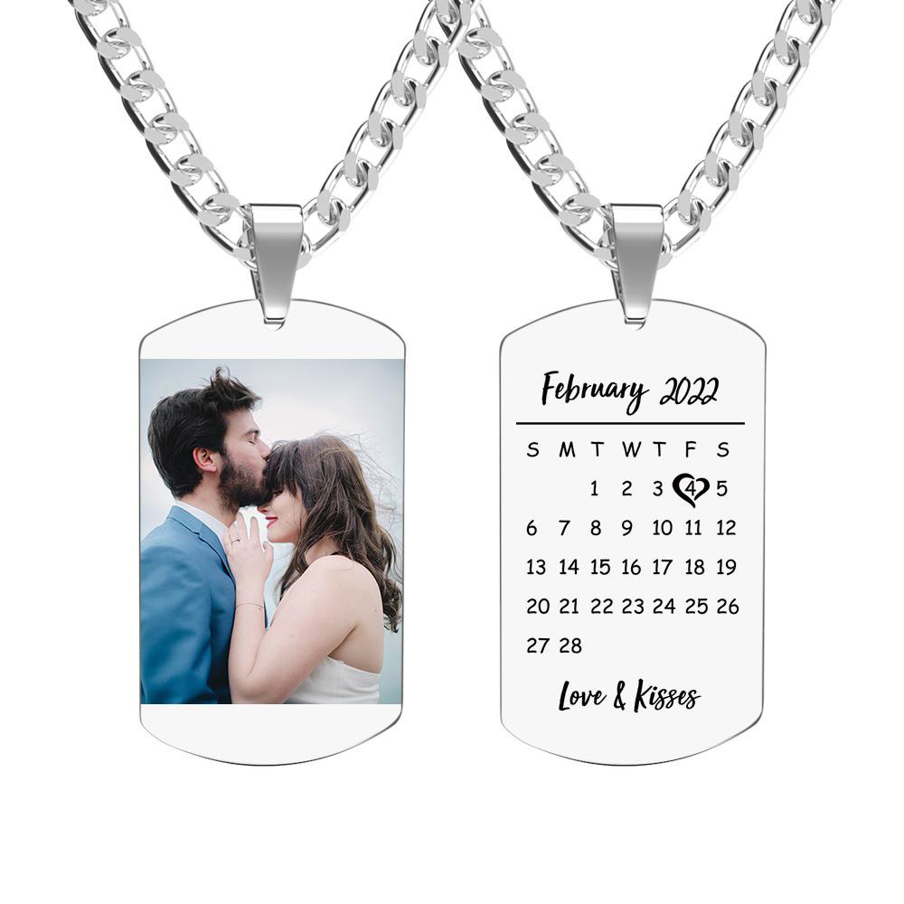 Personalized Calendar Photo Dog Tag Necklace Mens Engraved Dogtag