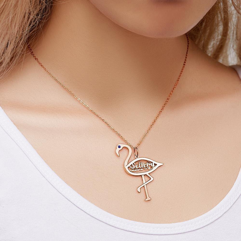 Custom Name Birthstone Necklace Flamingo Pendant Birthday Gifts Rose Gold Plated Silver - soufeelus