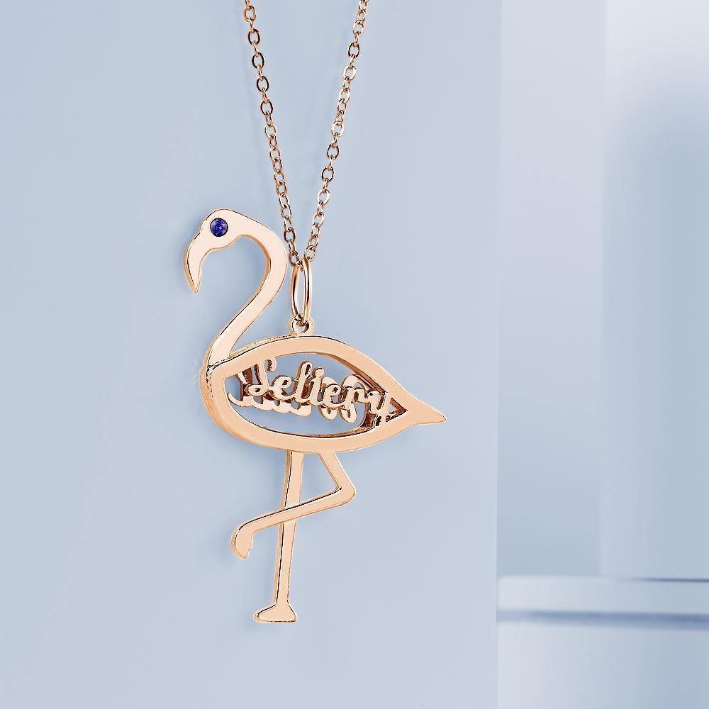 Custom Name Birthstone Necklace Flamingo Pendant Birthday Gifts Rose Gold Plated Silver - soufeelus