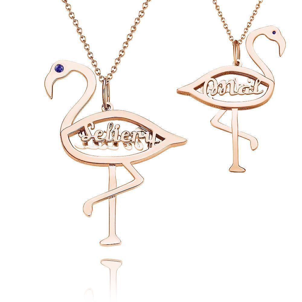 Custom Name Birthstone Necklace Flamingo Pendant Birthday Gifts Rose Gold Plated Silver - soufeelus