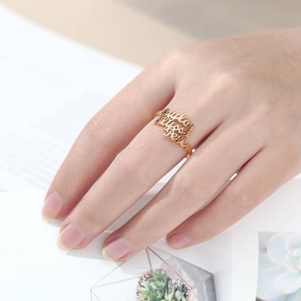 Three Name Ring Rose Gold Plated Silver