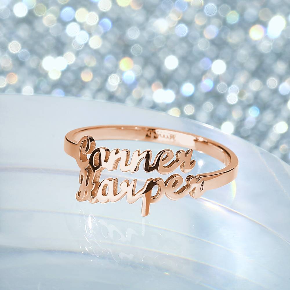 Two Name Ring Rose Gold Plated Silver