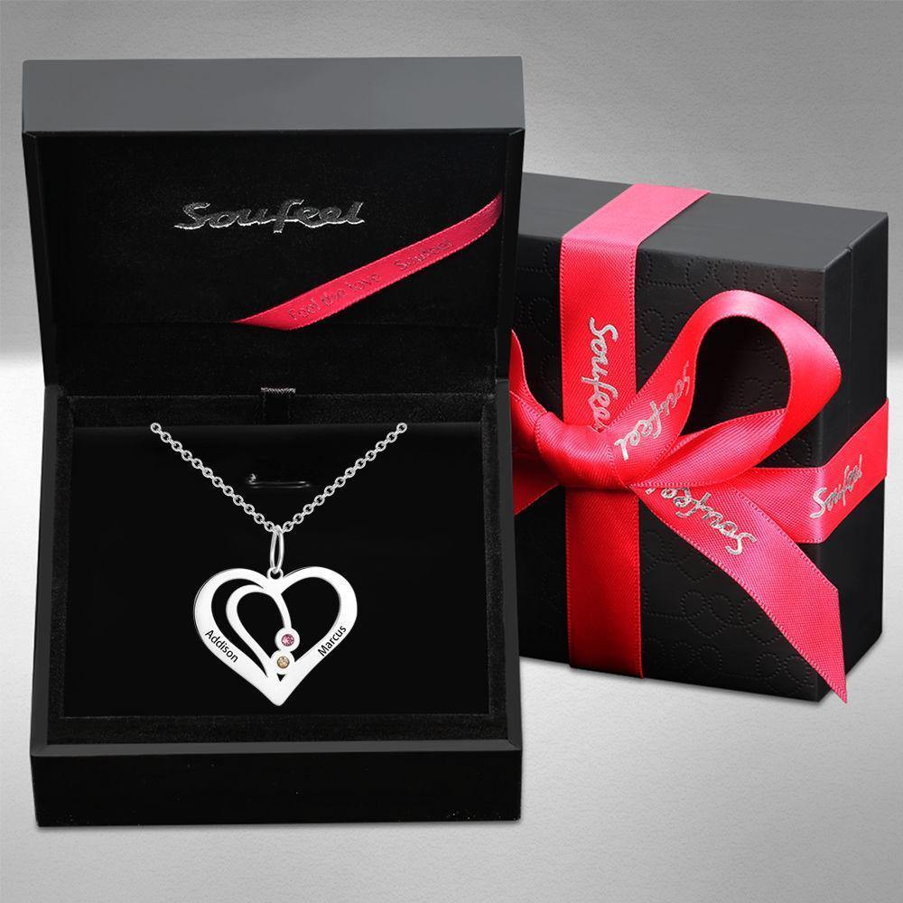 Heart Engraved Two Name Necklace Silver with Custom Birthstone - soufeelus