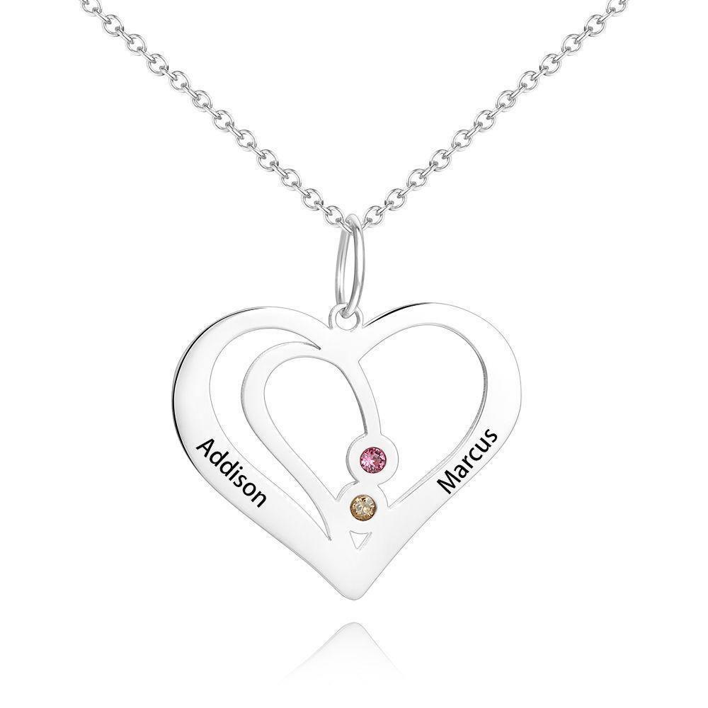 Heart Engraved Two Name Necklace Silver with Custom Birthstone - soufeelus