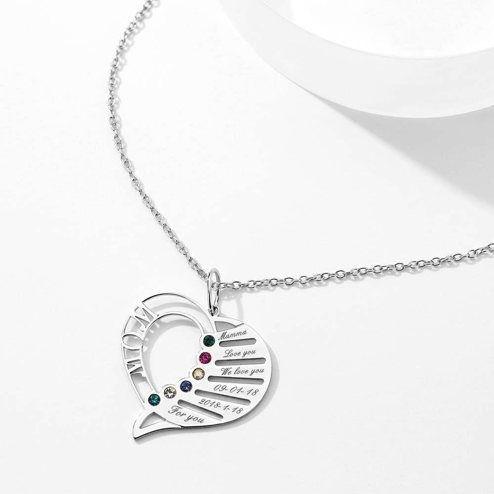 Heart Birthstone Necklace with Engraving Silver - soufeelus