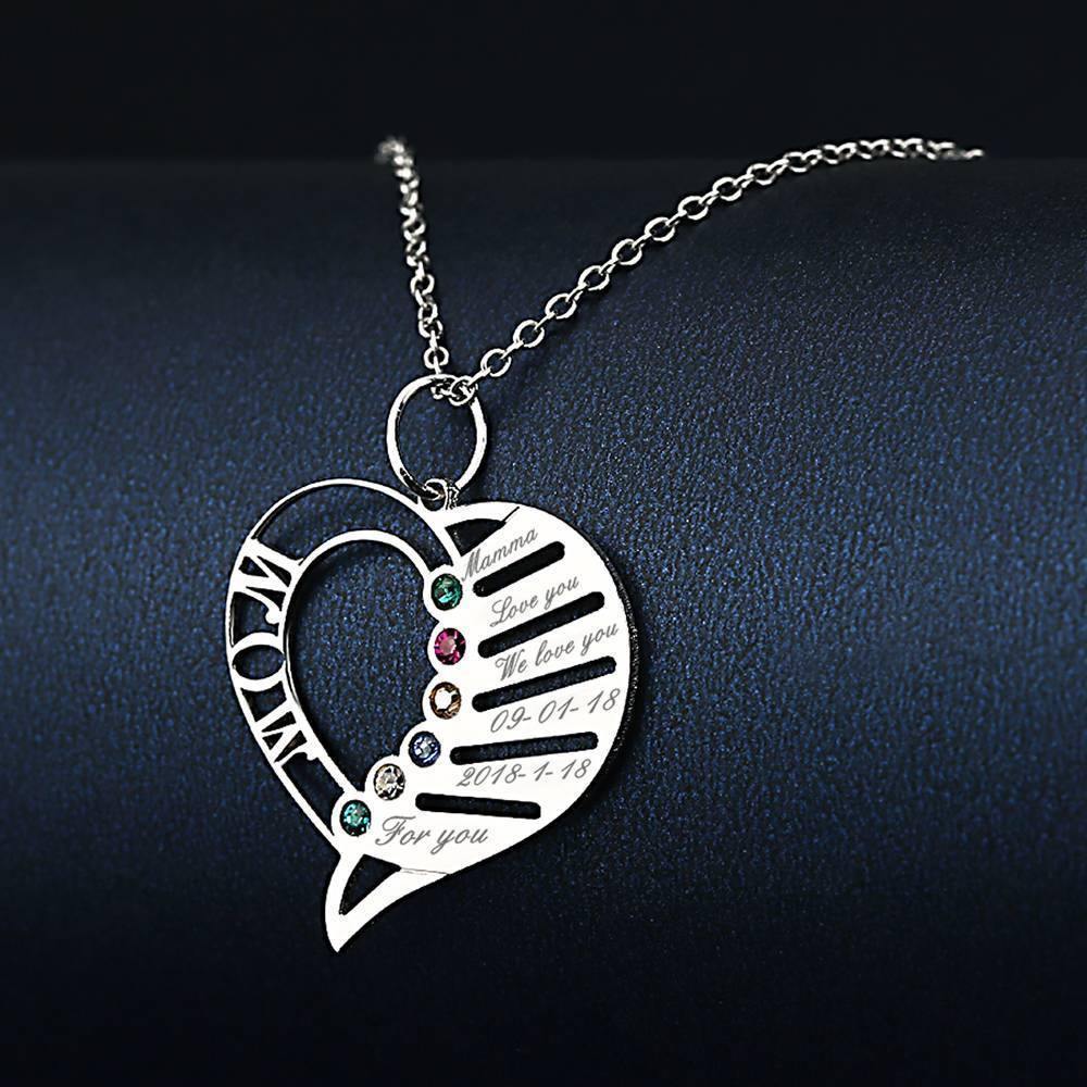Heart Birthstone Necklace with Engraving Silver - soufeelus