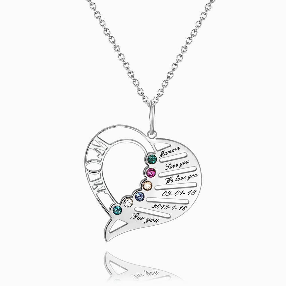 Heart Birthstone Necklace with Engraving Silver - soufeelus