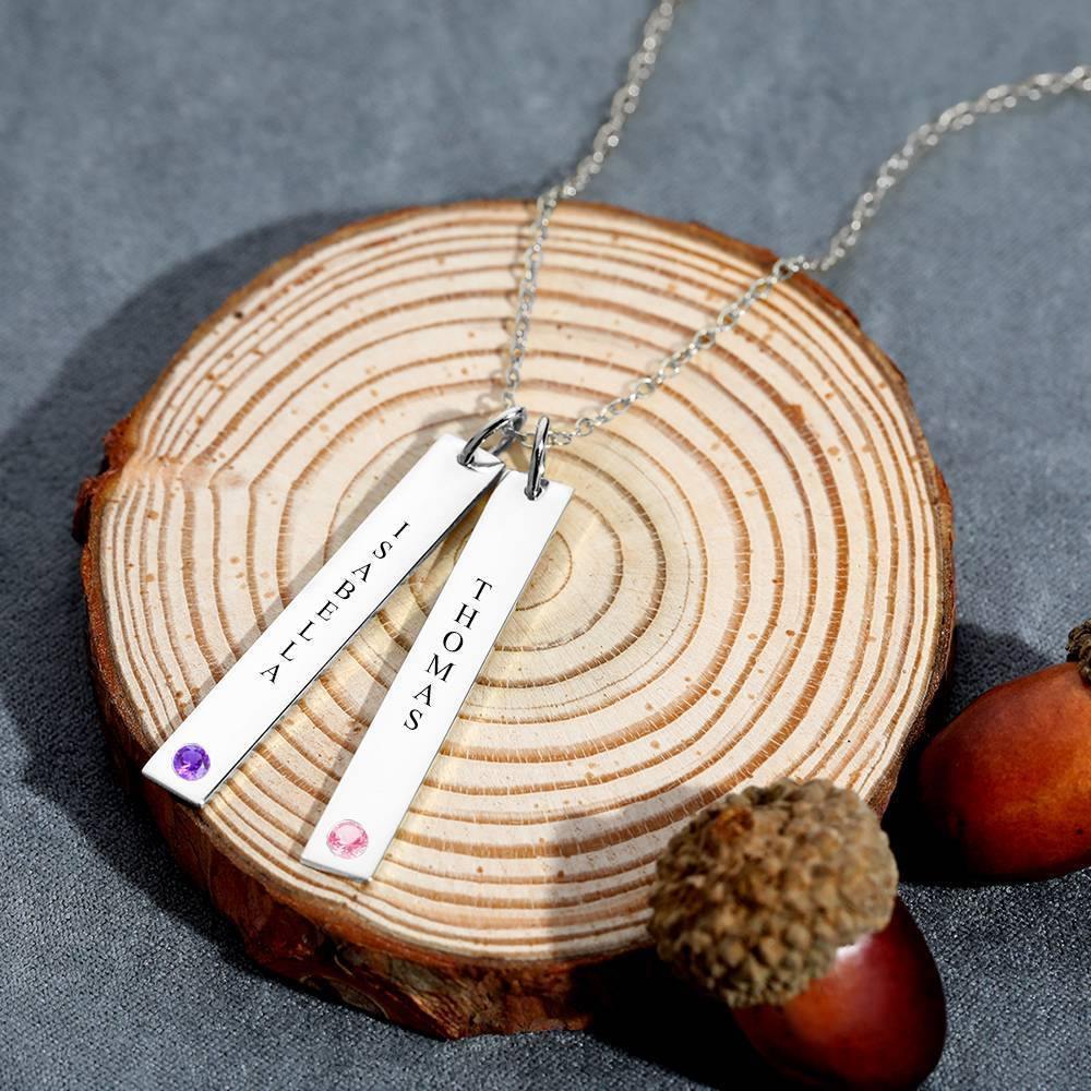 Personalized Birthstone Vertical Two Bar Necklace with Engraving Silver - soufeelus