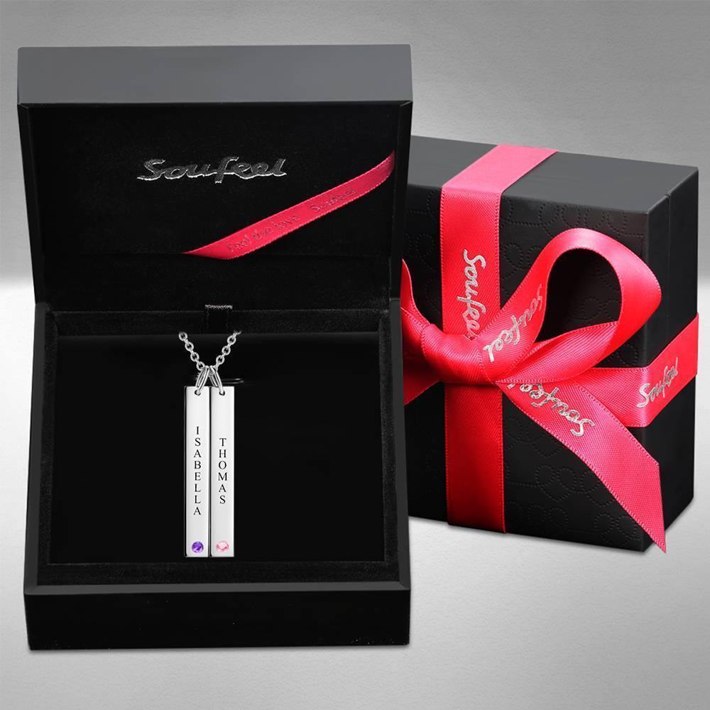 Personalized Birthstone Vertical Two Bar Necklace with Engraving Silver - soufeelus