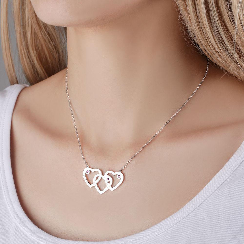 Three Heart Three Name Engraved Necklace Silver with Custom Birthstone - soufeelus