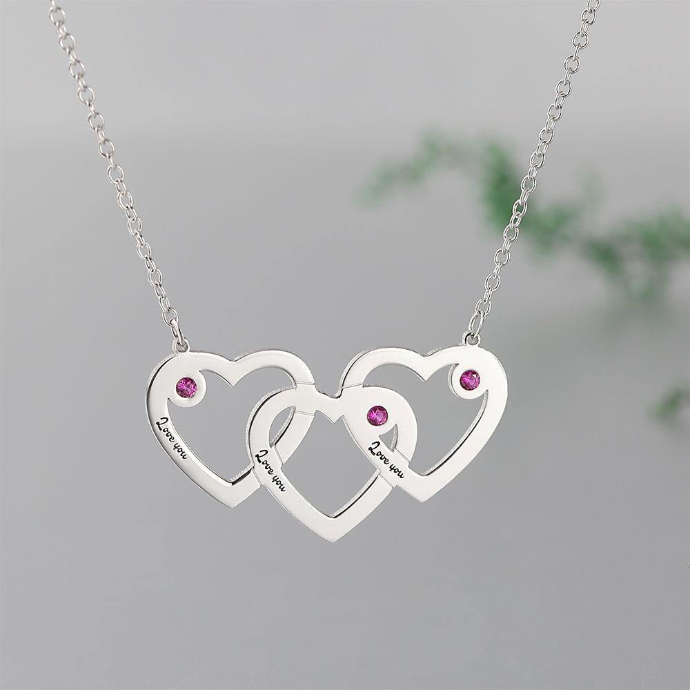 Three Heart Three Name Engraved Necklace Silver with Custom Birthstone - soufeelus