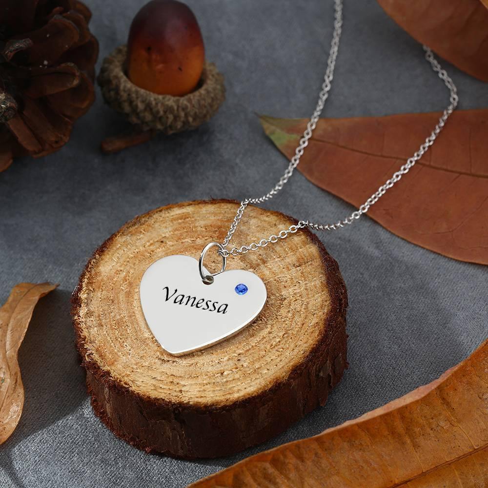 Heart Tag Personalized Birthstone Necklace with Engraving Silver - soufeelus