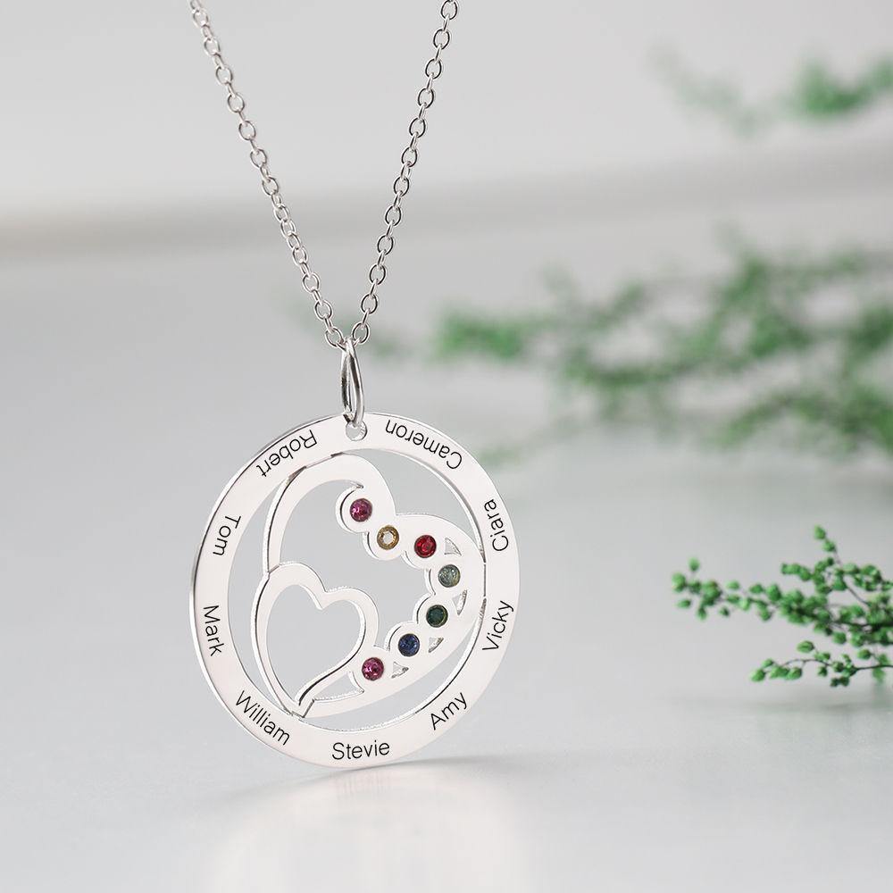 Round and Heart Engraved Necklace Silver with Custom Birthstone - soufeelus