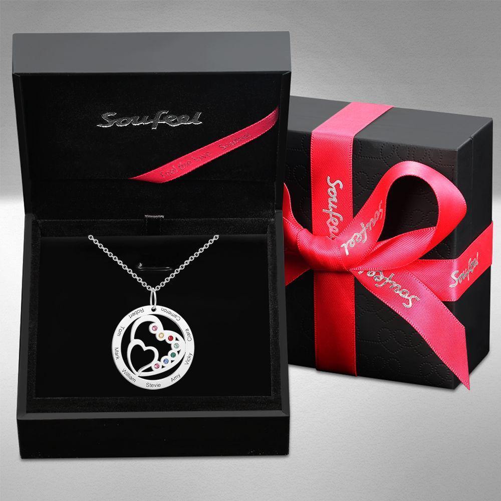 Round and Heart Engraved Necklace Silver with Custom Birthstone - soufeelus