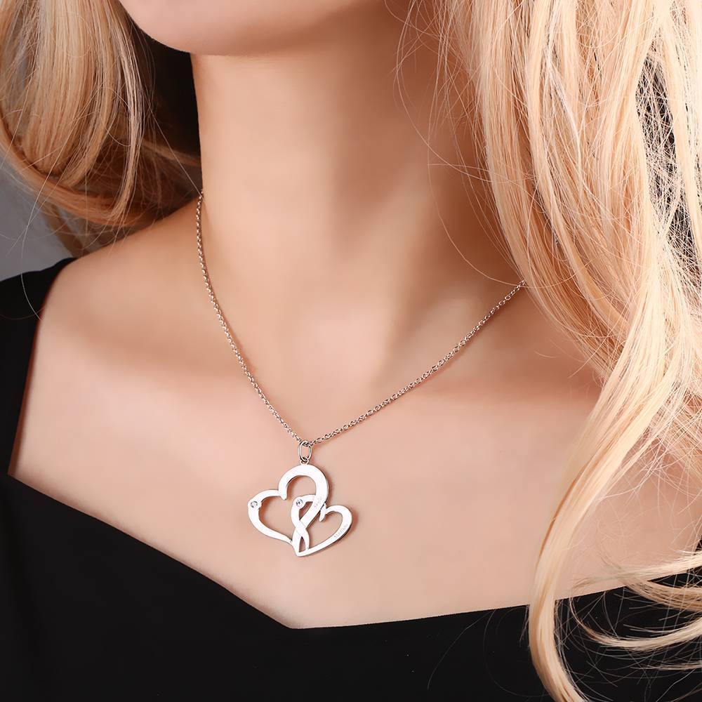 Engraved Two Heart Necklace with Birthstone Silver - soufeelus