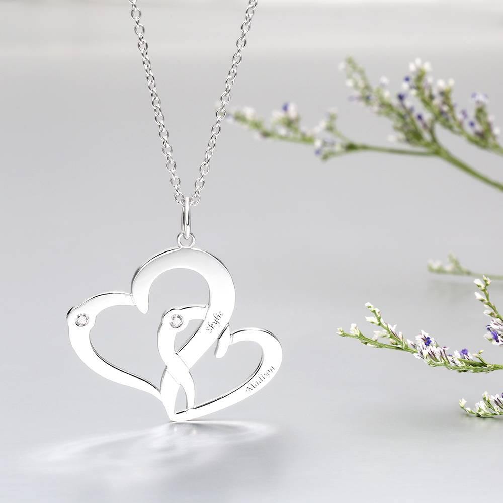 Engraved Two Heart Necklace with Birthstone Silver - soufeelus