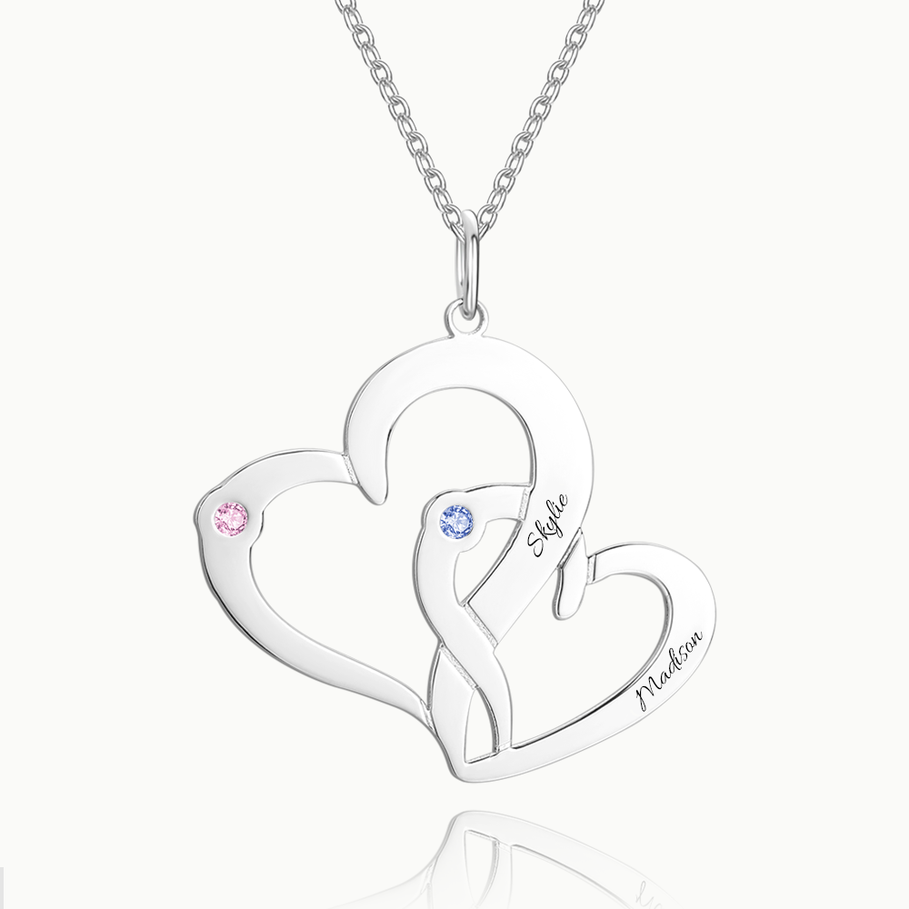 Engraved Two Heart Necklace with Birthstone Silver - soufeelus